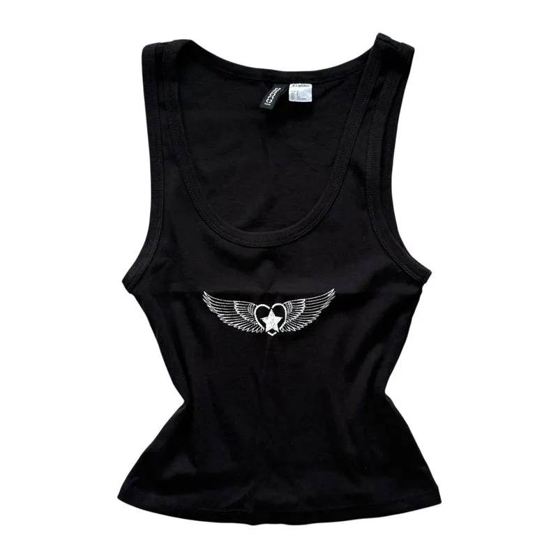 Black fitted tank top winged heart graphic photo 1