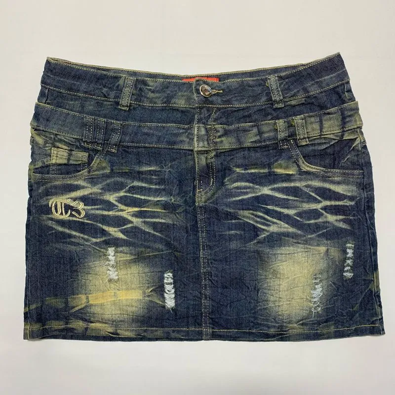 Ripped Denim Mini Skirt Big Size 34 Y2K Washed photo 1