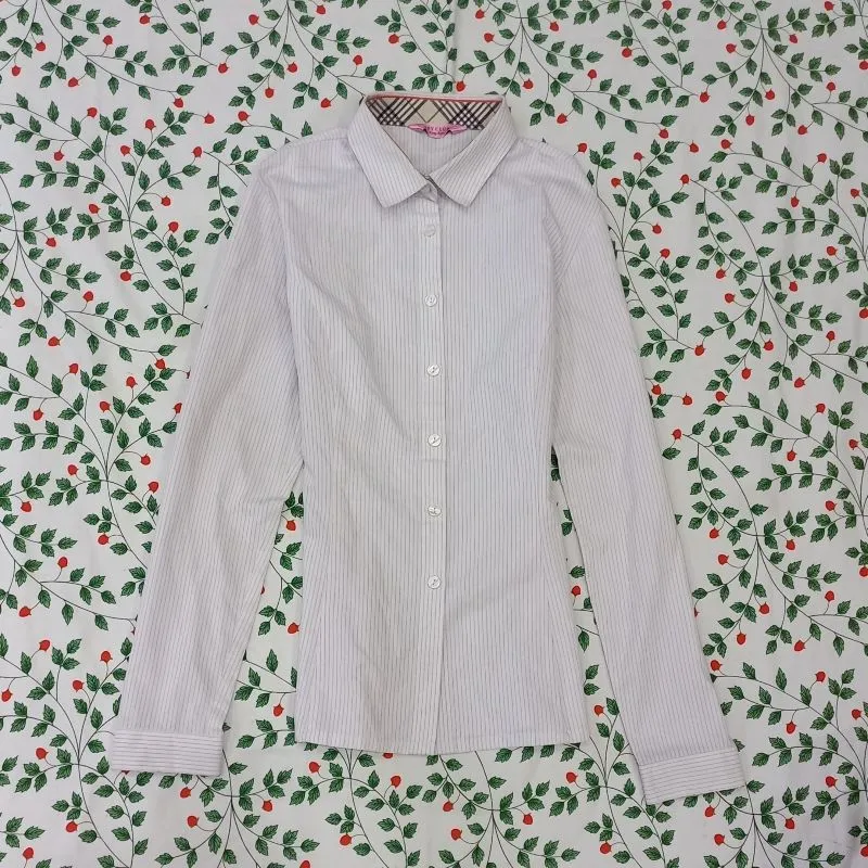 Vintage purple stripe white cotton fitted button up blouse photo 1