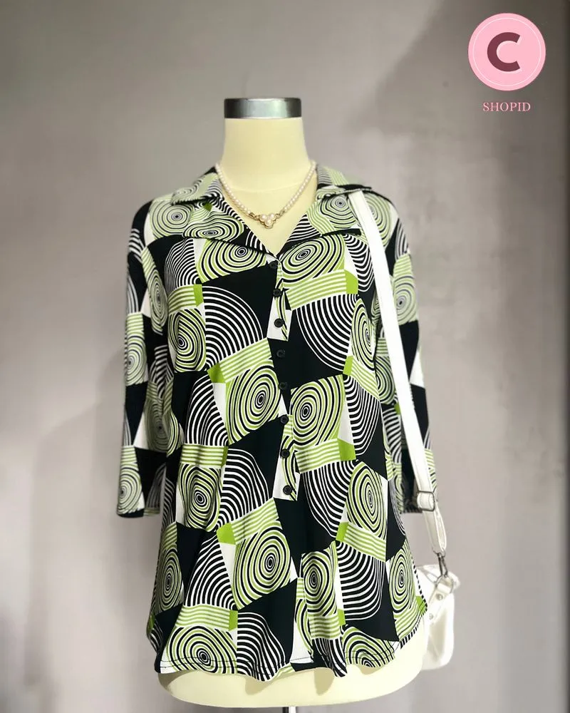Vintage Casual Shirt Wanita green black photo 1