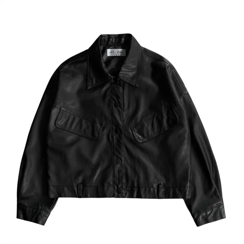 Blureiss women cropped snap button faux leather jacket black photo 1