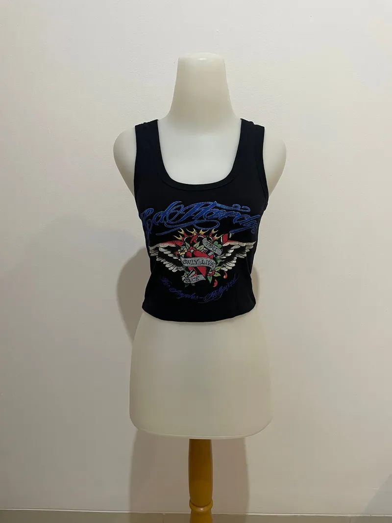 Ed Hardy Y2K Grunge Crop top Wanita black blue photo 1