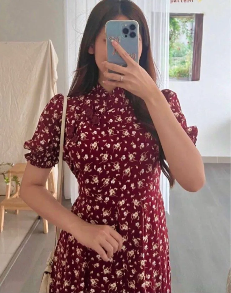 Korean dress maroon cheongsam puffy dress photo 1