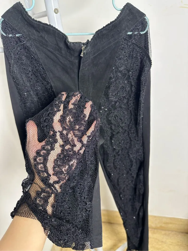 Black lace sequins mesh vintage fitted pants  photo 1