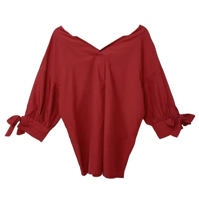 Casual Minimalist Blouse Wanita burgundy photo 1