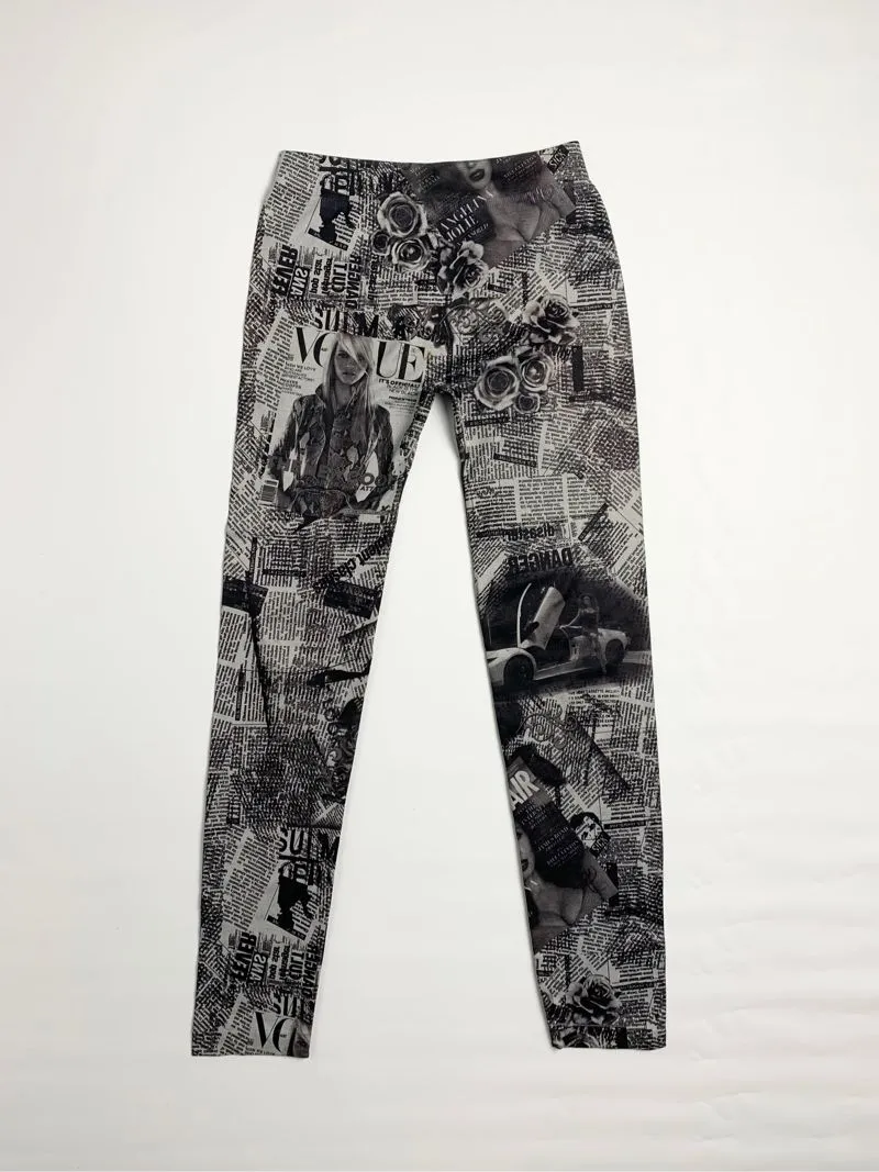 Y2k Leggings Full Over Printed With Newspaper Graphic Poem P photo 1