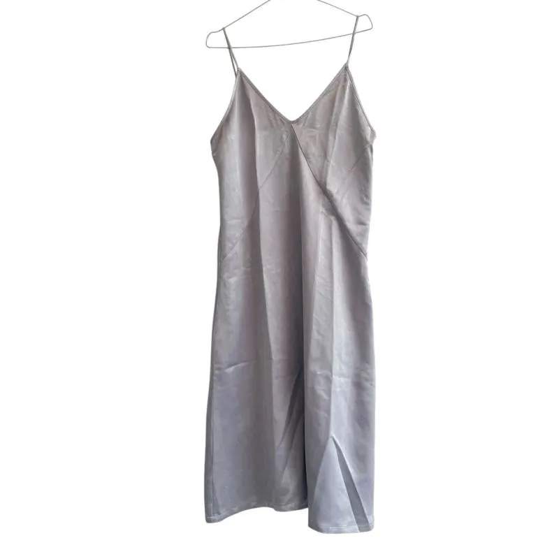 bershka spaghetti strap silver satin midi dress photo 1