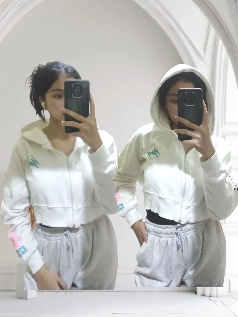 BAJU HOODIE CROP WANITA FULL ZIPPER (RESLETING) PUTIH SABLON photo 1