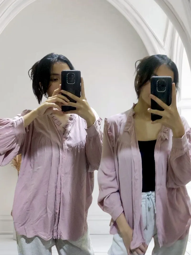 BAJU ATASAN WANITA BLOUSE RUFFLE LENGAN BALON - SOFT PINK photo 1
