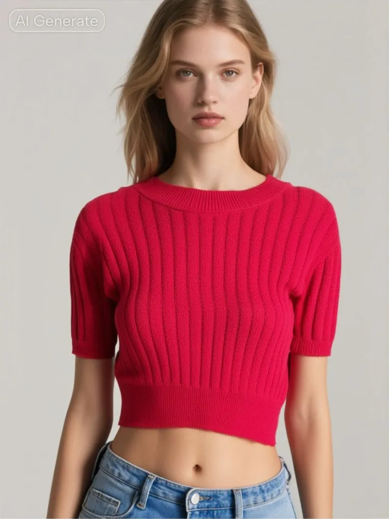 Kaos Rajut Wanita Merah – Lengan Pendek Preloved | Nyaman  photo 1