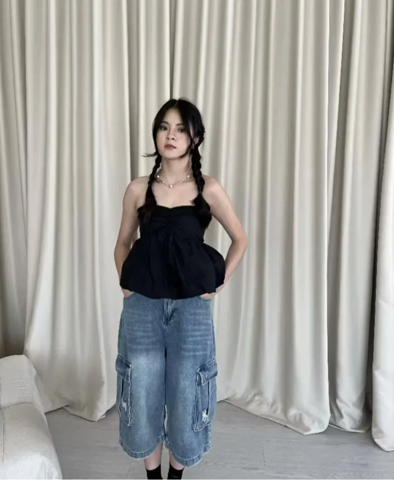 Black Strapless Peplum Tube Top photo 1
