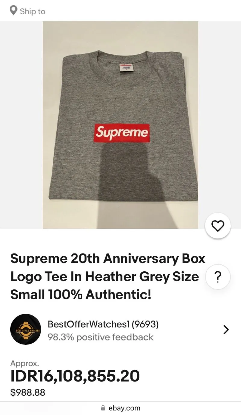 Supreme 20th Anniversary Box Logo Tee Heather Grey Rare