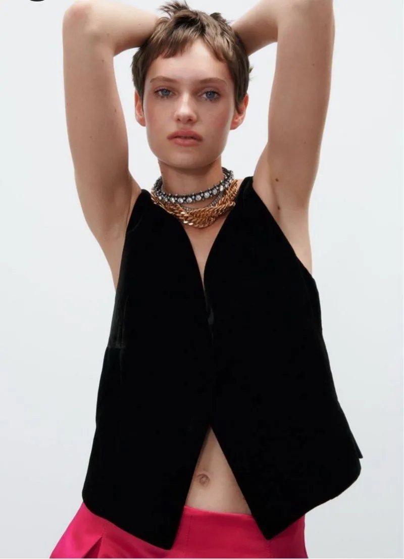 Zara Velvet Black Low Back Vest Tank Beludru photo 1