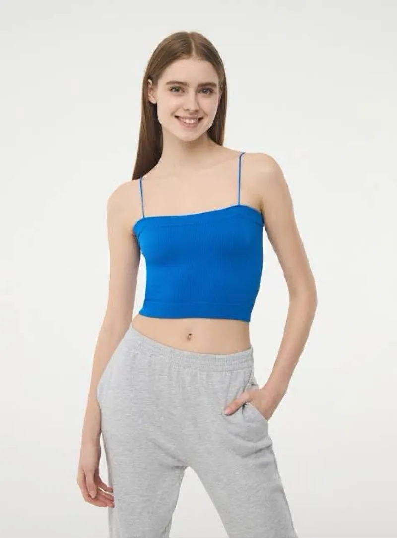 Pull & Bear Electric Blue Strappy Ribbed Cropped Tank Top photo 1