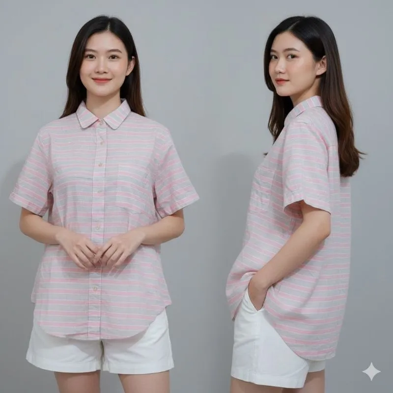Kemeja pendek wanita garis warna pastel photo 1