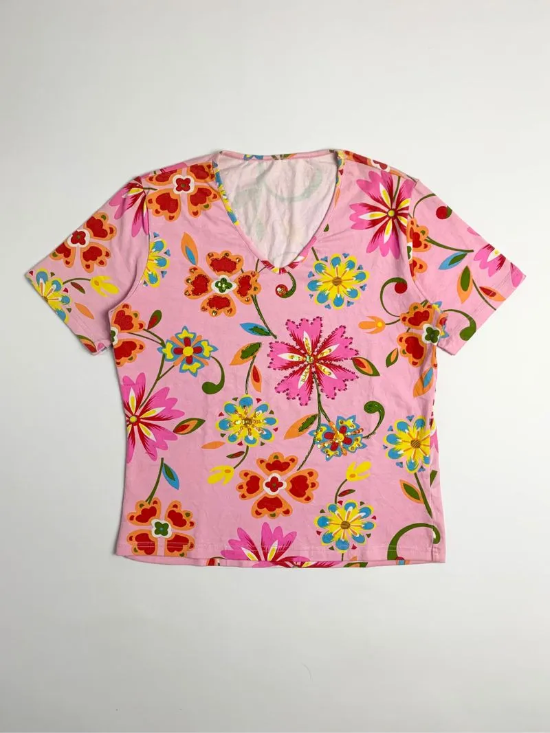 Y2k Flower Art Graphic Multycolor Vneck Tee photo 1