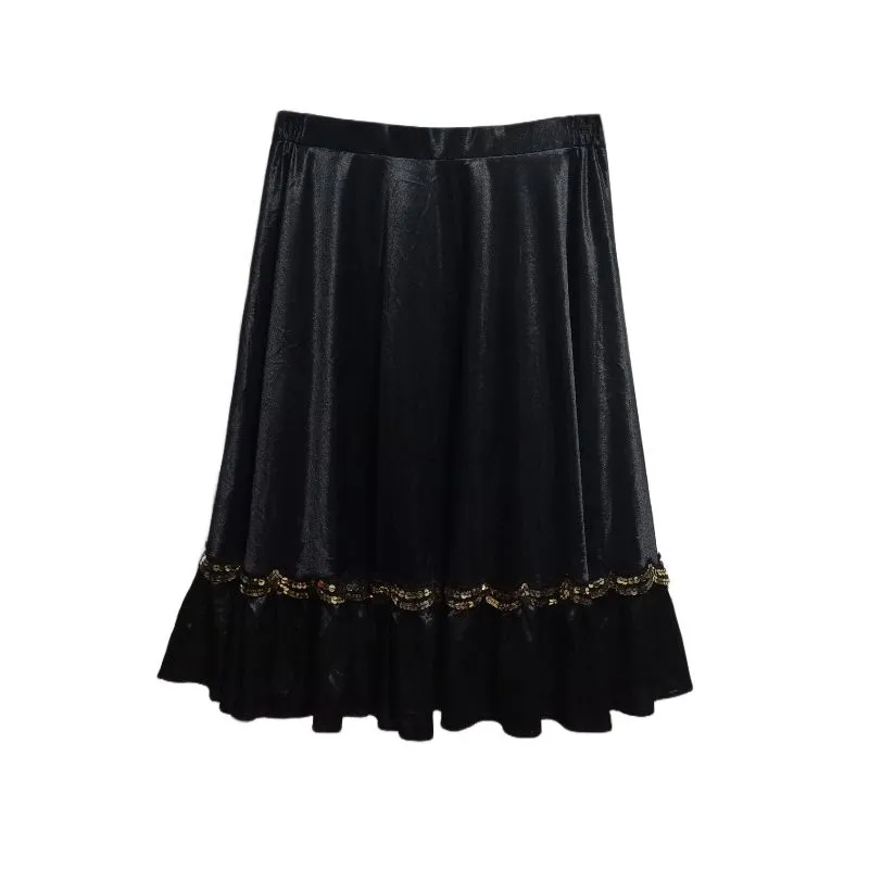 Vintage black sateen midi skirt gothic sequin gold ruffle photo 1