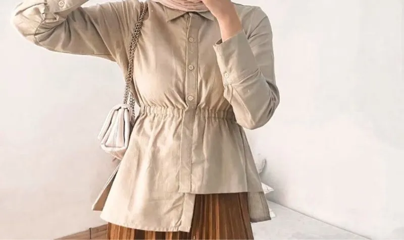 blouse linen asimetris kerut ivory photo 1