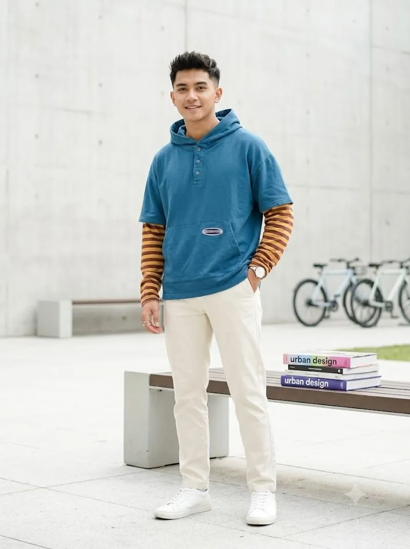 Sweater hoodie kombinasi lengan garis photo 1