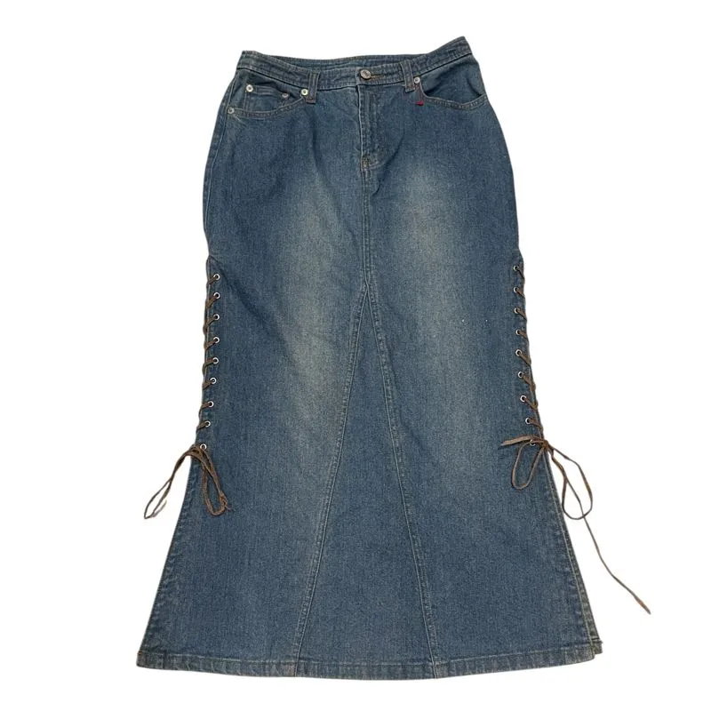 Vintage Y2k Denim Side Tie Studded Ribbon Maxi Skirt photo 1