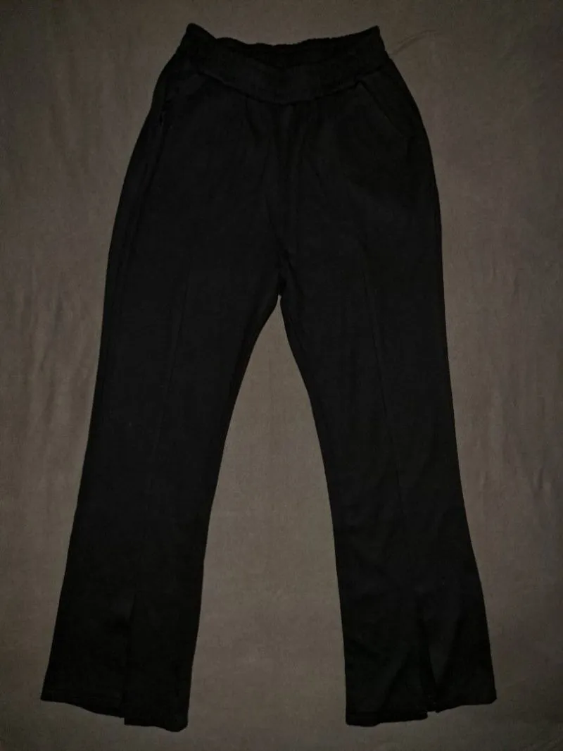 Black Flared Front Slit Pants Elastic Waistband photo 1