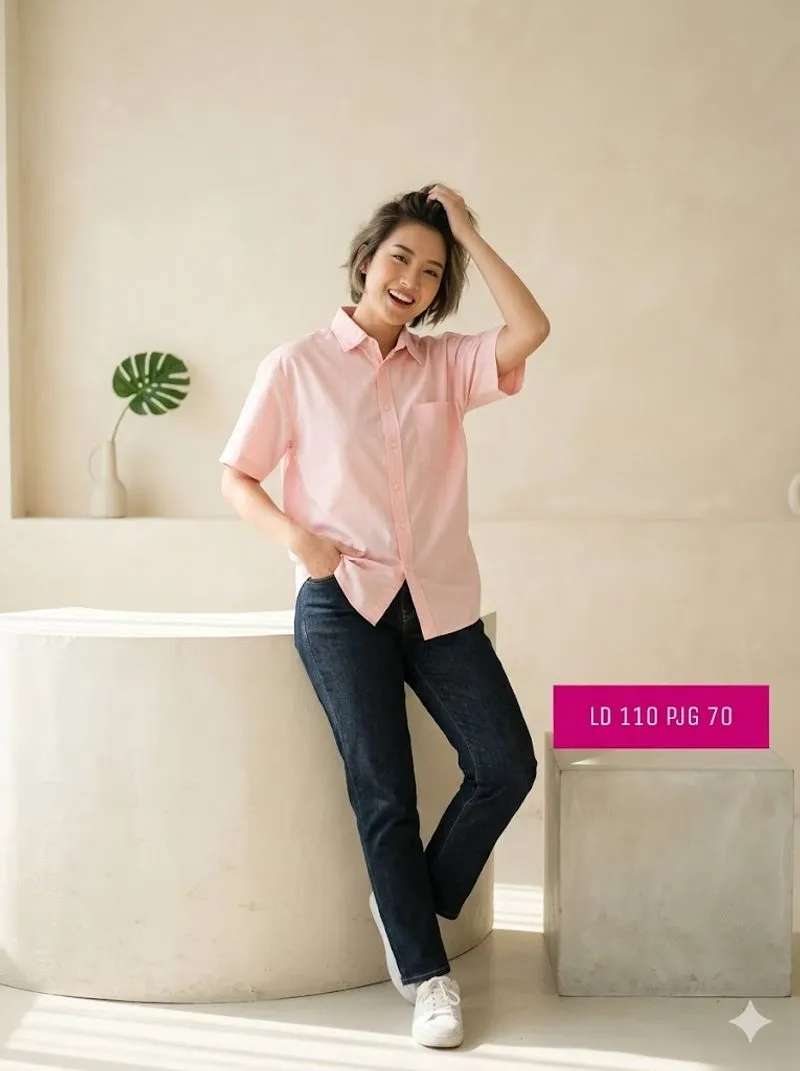 Kemeja lengan pendek katun warna peach photo 1