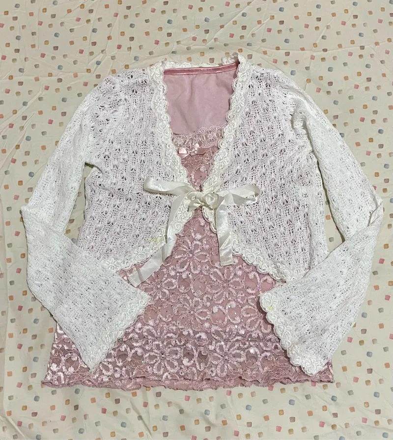 Pink Lace Top White Knit Cardigan Set photo 1