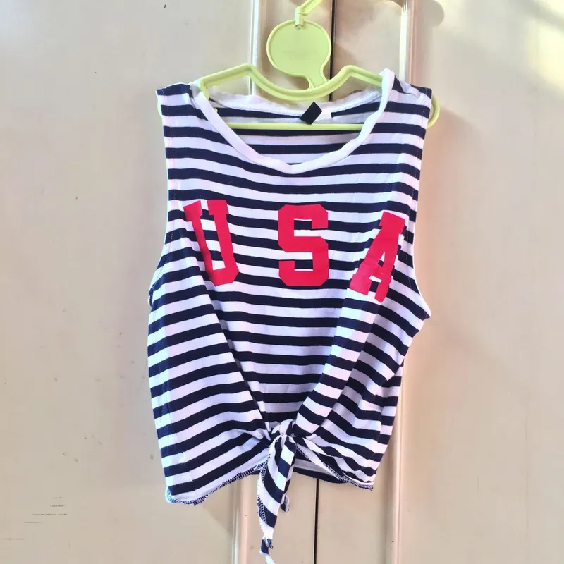 H&M Minimalist Casual Crop top Wanita white navy photo 1