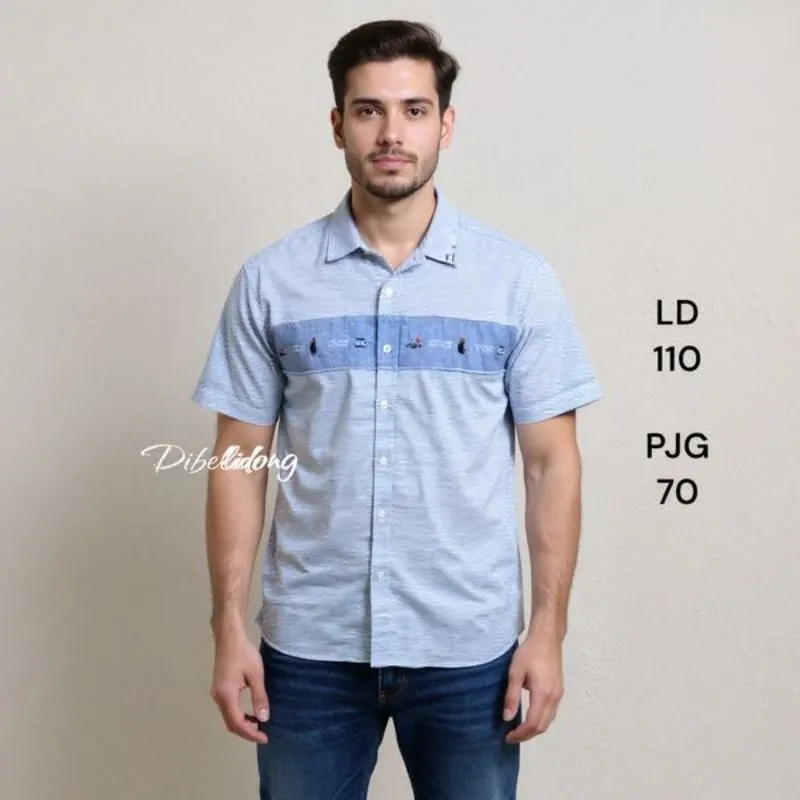 Kemeja pendek katun motif garis photo 1