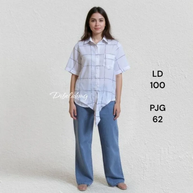 Kemeja pendek putih motif kotak photo 1