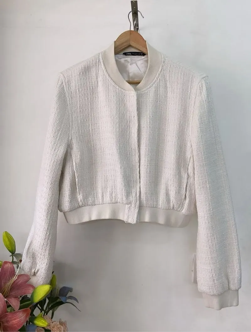 Zara Boucle Bomber Jacket medium uk 12 Cream Off White Ribbe