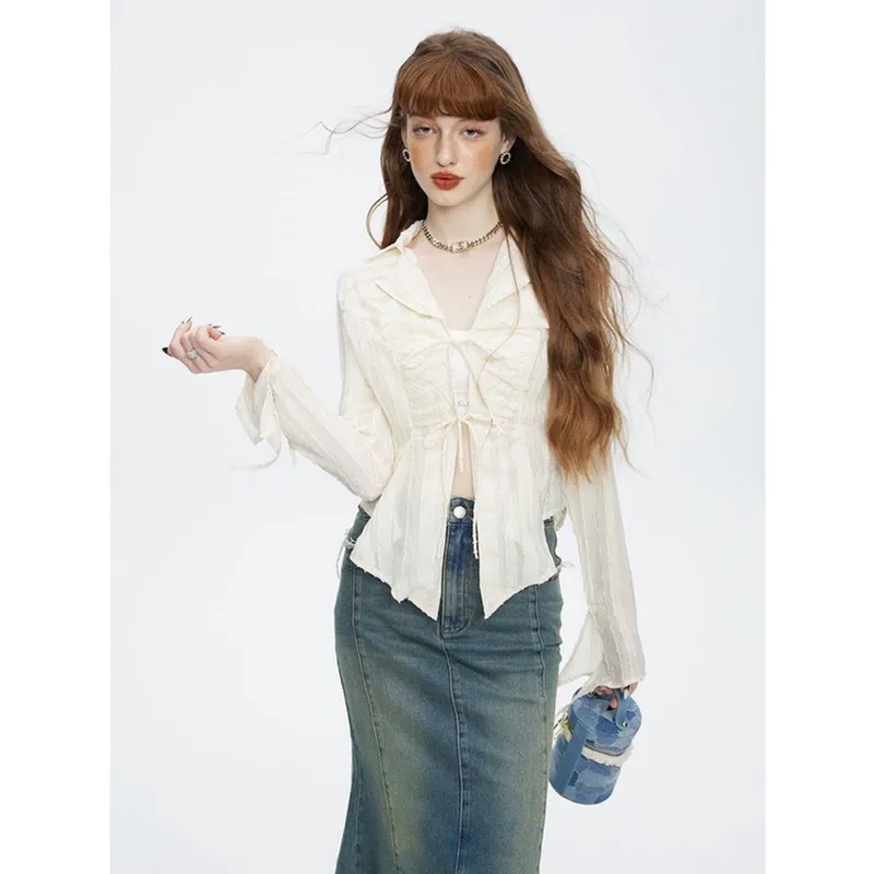 Vintage Coquette Shirt Wanita white cream photo 1