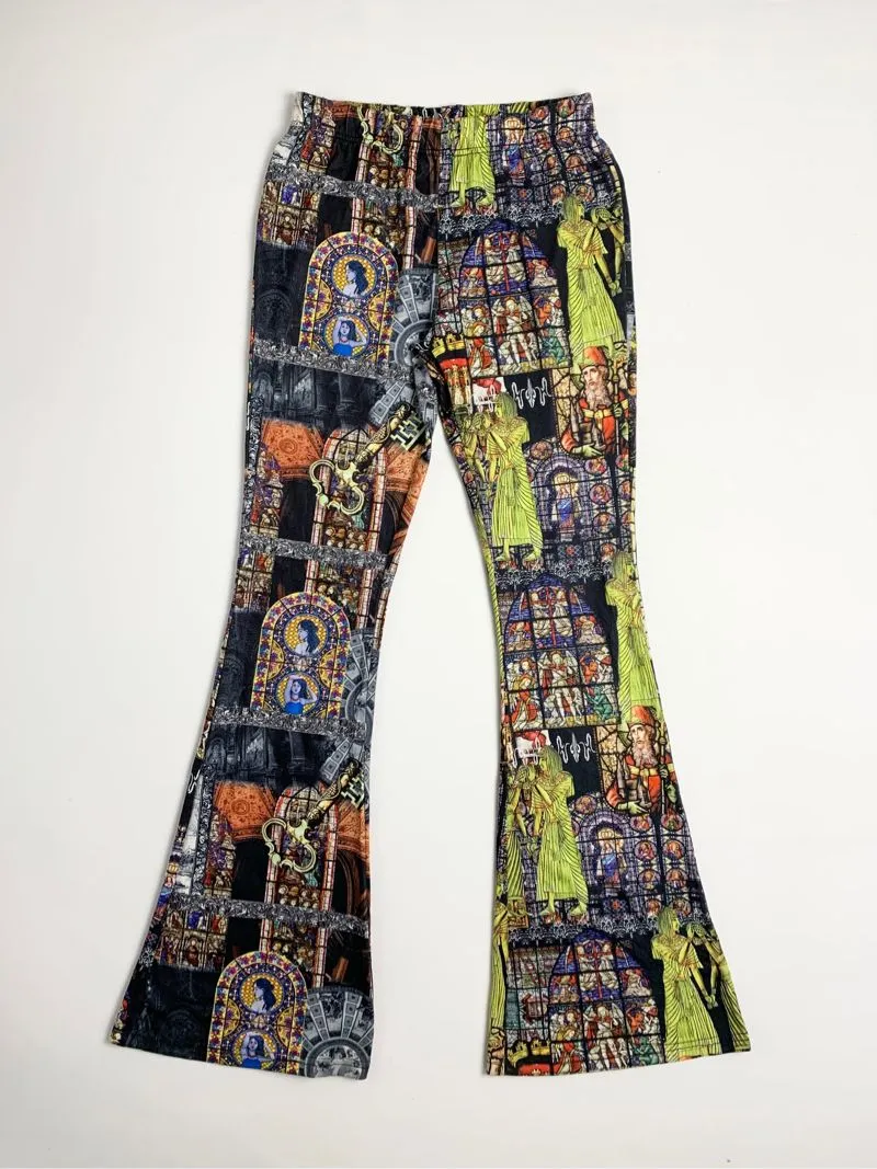Y2k E su Printed Flare Pants Stained Glass Gothic Art photo 1