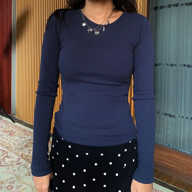 navy fitted top long sleeve rib ribbed photo 1