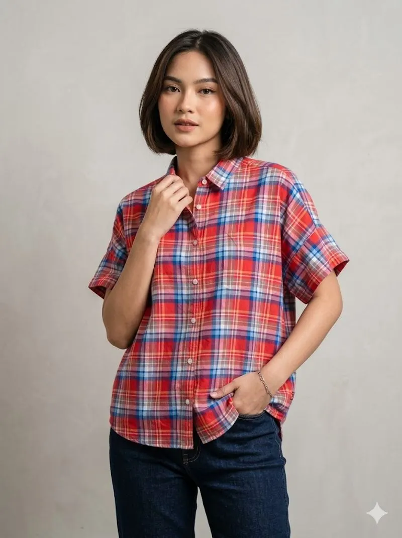 Kemeja pendek kotak merah biru photo 1