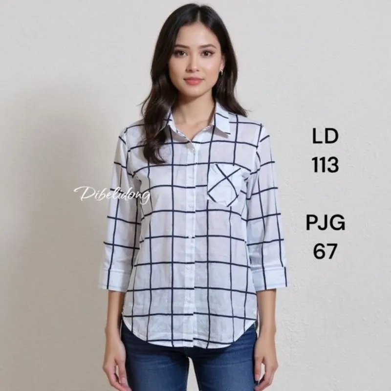 Kemeja lengan 7/8 putih kotak photo 1