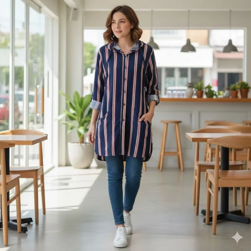 Kemeja panjang hoodie garis photo 1