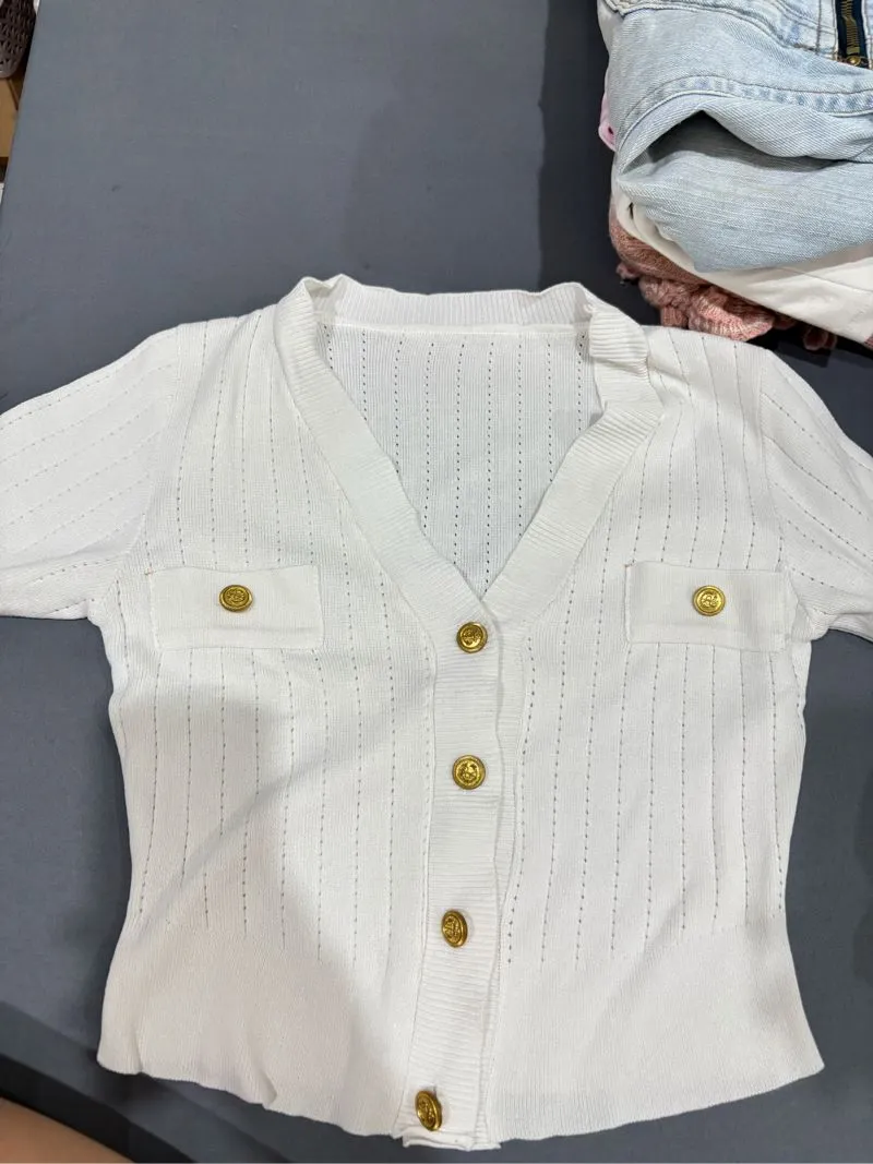 White Knit Cardigan Top with Gold Buttons photo 1