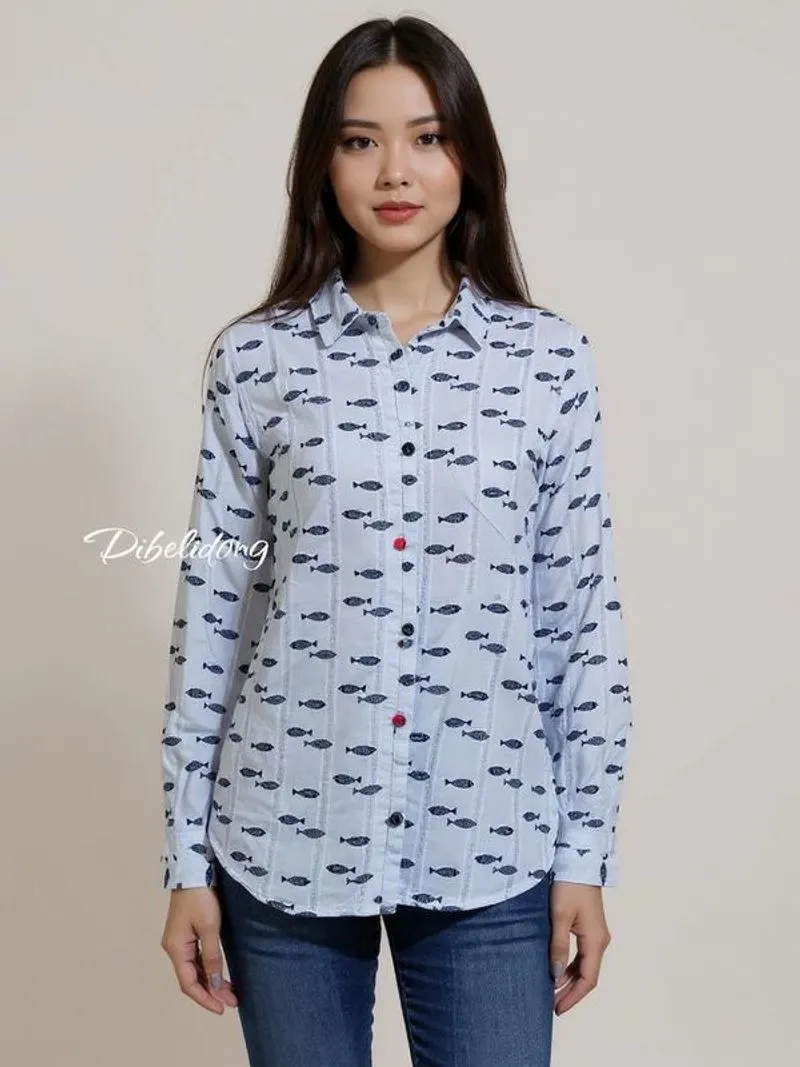 Kemeja panjang katun motif ikan photo 1