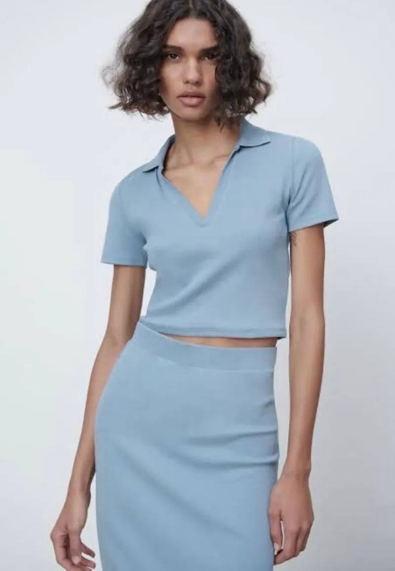 ZARA Y2K Casual Crop top Wanita white blue photo 1