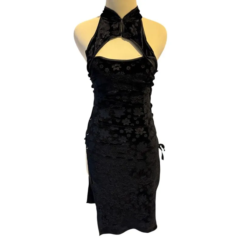 Avant Garde Black Floral Pattern Velvet Side Slit Ribbon Tie photo 1