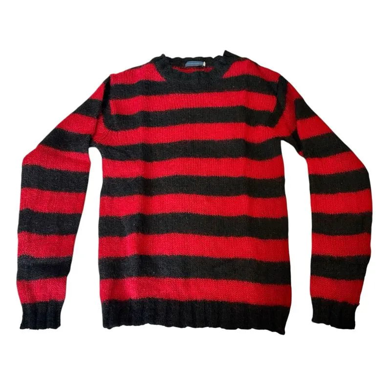 Grunge Y2k Double Black & Red Striped Knit Wool Sweater Unis photo 1