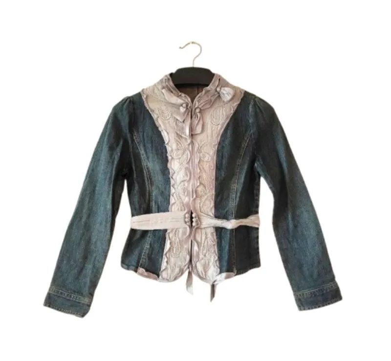 Korean  denim fashion coquette ribbon blaze/jacket embellish photo 1