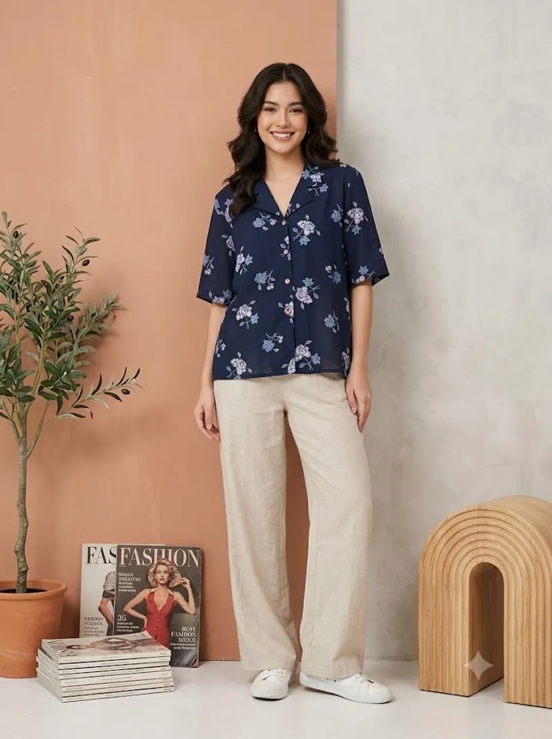 Kemeja pendek vintage bunga warna navy photo 1
