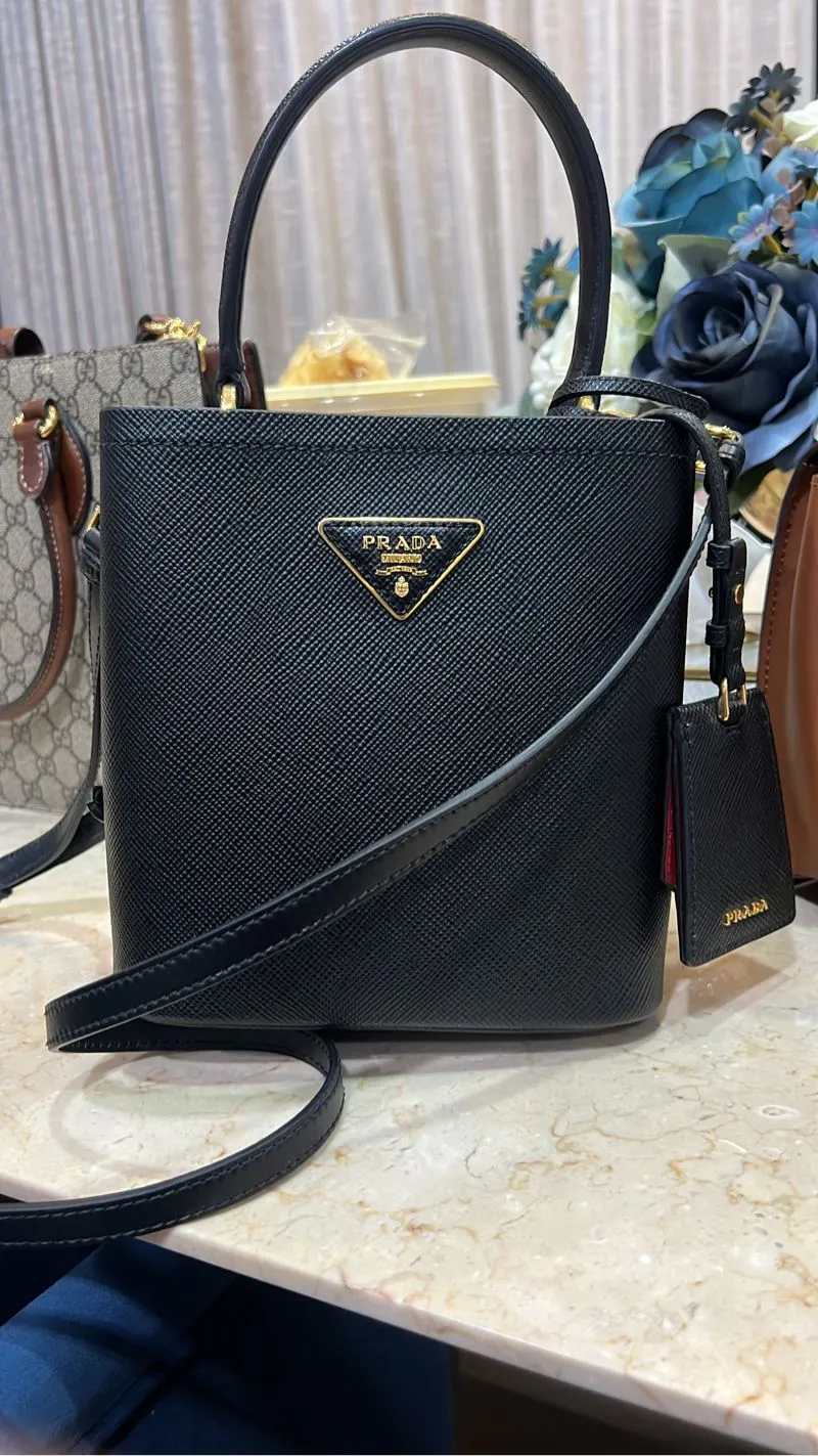 Prada Small Saffiano Leather Panier Hand Bag Black/Fiery Red photo 1