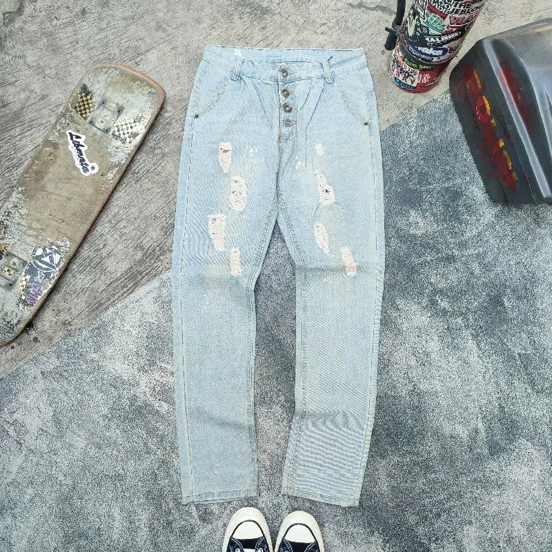 Classical Ripped Blue Jeans Button Fly photo 1