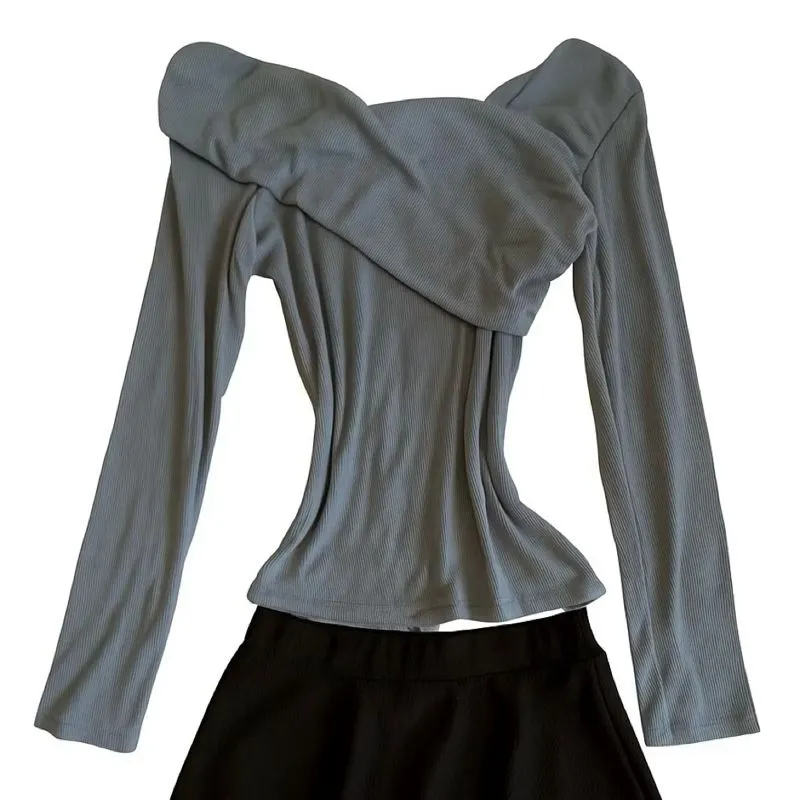 Blue Off Shoulder Long Sleeve Top photo 1