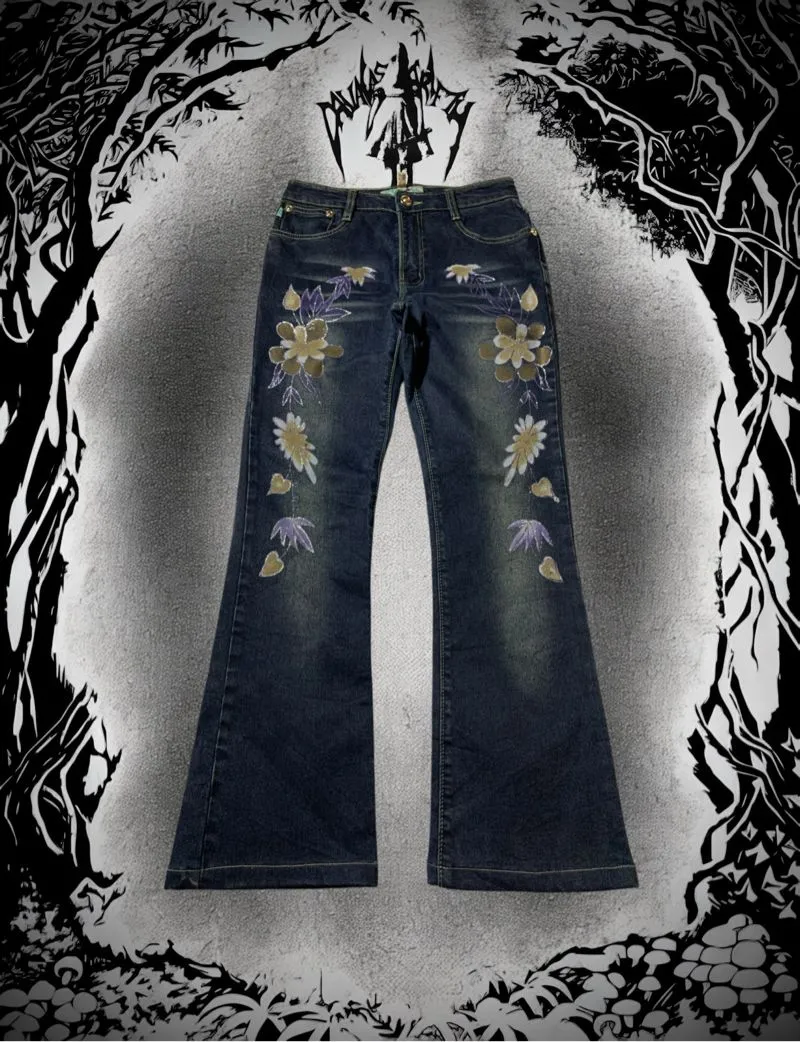 ✮ Vintage Flare/Botcut  Strech Jeans Flower Print Dark Blue  photo 1