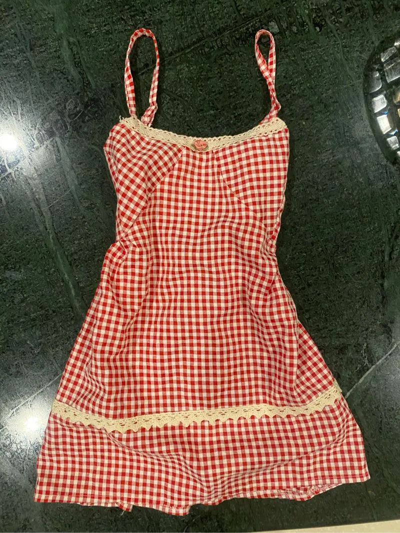 red white gingham babydoll lace coquette summer dress top photo 1