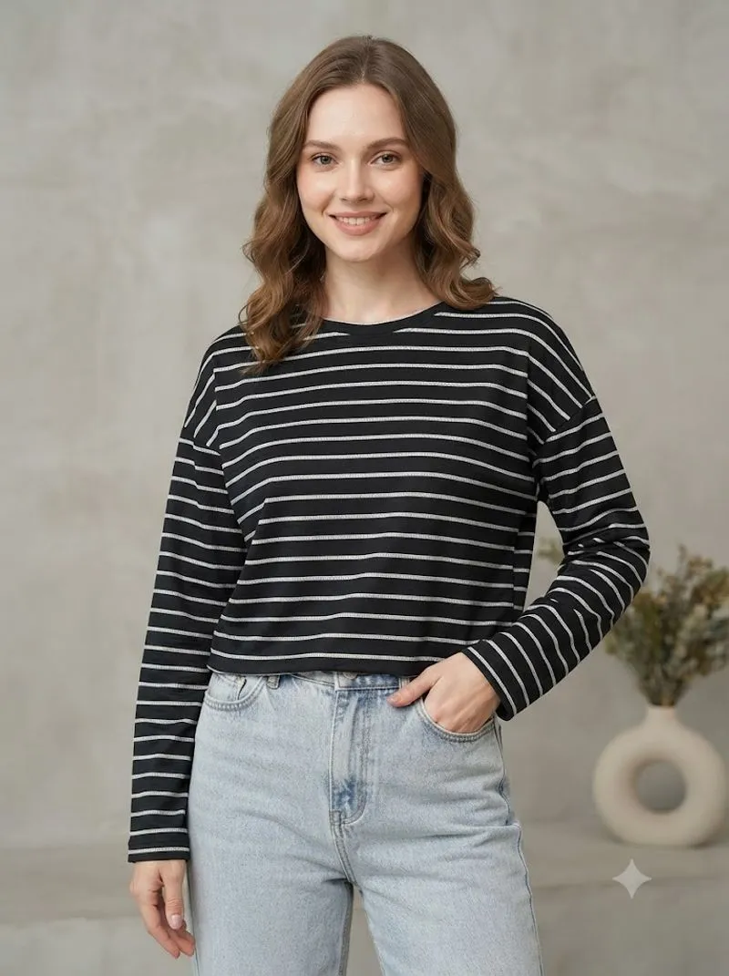 Kaos Lengan Panjang Salur Hitam Putih photo 1